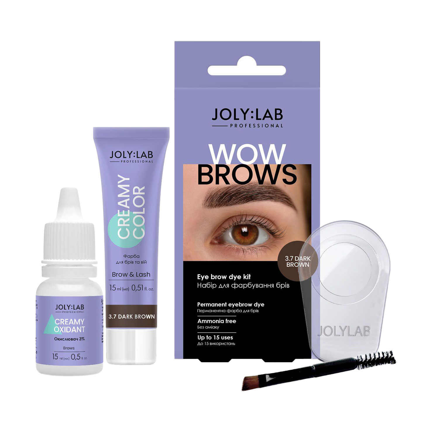 Набір для фарбування брів та вій Joly:Lab Wow Brows, 3.7 Dark Brown (фарба, 15 мл + окислювач, 15 мл + ємність, 1 шт + пензлик, 1 шт + інструкція)
